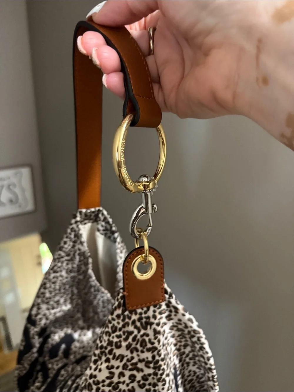 Vince Camuto Black and Brown Leopard Silky Shoulder Bag